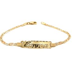 Cherish the Moment with our 14k Yellow Gold Kids and Baby ID Bracelet: Crafted in the timeless Tri-Gold Valentino Link style, this bracelet is a symbol of Elegance and Love. We believe in the power of personalization. Your child's name is expertly cut from solid 14k Gold and elegantly overlaid on the bracelet, creating a one-of-a-kind accessory. Additionally, you have the option to engrave a significant date on the back of the nameplate, transforming this bracelet into a cherished keepsake.  Whether it's a birth, a baptism, or simply an expression of love, this 14k Gold Kids ID Bracelet is a heartfelt and timeless gift that symbolizes the beauty of childhood and the joy of growing up. Order this beautiful bracelet today and look forward to receiving it within 4 business days within the Uni Baby Boy Jewelry Gold Bracelets, Adjustable 14k Gold Hallmarked Bracelet, Personalized Adjustable Gold Sterling Silver Bracelet, Adjustable 14k Gold Bracelet Hallmarked, Heirloom 14k Stamped Gold Bracelet, Heirloom 14k Stamped Bracelet, 14k Gold Name Bracelet For Anniversary, Personalized Fine Jewelry Name Bracelet, Gold Sterling Silver Engraved Bracelet For Wedding