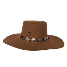 Charlie 1 Horse High Desert Pecan Precrease Flat Brim Telescope Crown Concho Band 4 1/4" Brim CWHIDT-2242P5 Charlie 1 Horse Hats allow its wearers to display their personality through headwear and express a very unique fashion forward style. This brand has a daring attitude that encompasses style and panache. These hats are not for the fainthearted. Whether you are core country or a rock and roll rebel, we've got you covered. Since 1978, every Charlie 1 Horse style has been carefully handmade wi Charlie 1 Horse Hat, High Desert, Unique Fashion, Rock And Roll, Fedora, Cowboy Hats, Fashion Forward, Crown, Horses