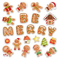 a set of christmas stickers with gingerbreads, cookies and other holiday items