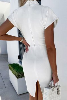 White Short Sleeve Deep V-neck Split Bodycon Dress Chic V-neck Bodycon Dress For Brunch, Elegant V-neck Bodycon Dress For Brunch, V-neck Stretch Bodycon Dress For Office, Chic V-neck Bodycon Dress For Office, Elegant Mini V-neck Dress, Bodycon V-neck Solid Color Dress, Fitted Solid V-neck Dress For Work, Fitted V-neck Workwear Dress In Solid Color, Chic Solid Color Sheath Bodycon Dress