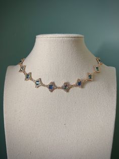 Mixed Blue Green Diamond Choker Necklace, Elegant Regency Gold Historical Tudor Necklace, Medieval Dainty Ethereal Jewelry - Etsy Yule Ball Jewelry, Regency Jewelry Necklaces, Bridgeton Accessories, Medieval Jewelry Necklaces, Blue Emerald Necklace As Elegant Gift, Elegant Blue Emerald Necklace Gift, Gold Jeweled Emerald Necklace Gift, Jeweled Choker Bridal Necklace As A Gift, Crystal Jeweled Choker Necklace As Gift