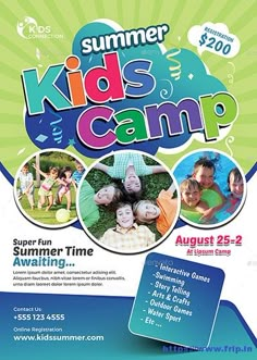 a flyer for a summer camp with pictures of kids in the background and text that reads,