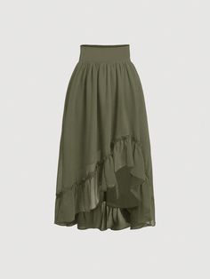 Wide Waistband Rufflea Symmetrical Hem Long Skirt Army Green Casual   Woven Fabric Plain Asymmetrical Non-Stretch  Women Clothing, size features are:Bust: ,Length: ,Sleeve Length: Cute Long Skirts, Fortune Teller Costume, Army Green Skirt, Fashion Reference, Long Skirt Outfits, Long Skirts For Women, Women Skirts, Hem Skirt, Asymmetrical Skirt