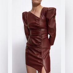 Nwt Zara Faux Leather Asymmetric Dress Size Xs Color Maroon Long Sleeve Asymmetric Neckline Front Ruching Back Zip Closure Brown Asymmetrical Dress For Fall, Asymmetrical Brown Dress For Fall, Evening Asymmetrical Knee-length Dress For Fall, Brown Asymmetrical Dress For Night Out, Asymmetrical Brown Dress For Night Out, Asymmetrical Fall Cocktail Dress, Fitted Long Sleeve Faux Leather Mini Dress, Chic Asymmetrical Dress With Side Zipper, Formal Fall Mini Dress With Asymmetrical Hem