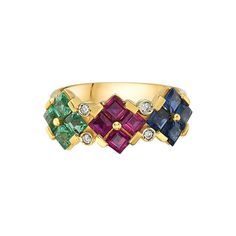 This ring features a mix of ruby, sapphire, emerald, and diamonds set in 14K yellow gold. 4.6 grams total weight. Size 7 3/4. Viewings available in our NYC showroom by appointment. Rose Gold Band Ring, Sapphire Eternity Band, Sea Jewelry, Emerald And Diamond Ring, Colored Stone Rings, Gold Diamond Band, Ruby Diamond Rings, Emerald Diamond Ring, Ringe Gold