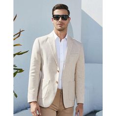 This linen suit made of hight quality cotton linen fabric, which is lightweight, breathable, soft and durable. Professional suit fabric and exquisite tailoring keeps this blazer sharp. This casual sport coat with notch lapel, regular fit, two button closure, left chest real pocket, two real side pockets, inside a real pocket, light shoulder pad. Finished by excellent stitching, this sport coat blazer has a linen texture specially designed for western men, will really make you minimalistic, elega Formal Linen Sport Coat With Pockets, Business Casual Linen Blazer With Patch Pockets, Linen Blazer With Patch Pockets For Business Casual, Spring Linen Suit With Button Closure, Beige Sport Coat With Welt Pockets And Suit Collar, Tailored Linen Blazer With Patch Pockets, Semi-formal Linen Sport Coat With Button Closure, Cream Blazer With Notch Lapel And Pockets, Tailored Linen Sport Coat With Pockets