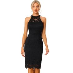 In a charming design, this bodycon cocktail sheath dress adds to your choice for the upcoming seasons. Stretch and nice quality material, you can wear it comfortably all day, and the lace trim hem highlights your legs long. Pairing with high heels can build an elegant party look, and you can cover up with a trench coat in fall and springtime. Halter Cocktail Dress Classy, Elegant Halter Neck Bodycon Sleeveless Dress, Elegant Sleeveless Bodycon Dress For Date Night, Elegant Sleeveless Bodycon Dress, Elegant Knee-length Sleeveless Dress For Date Night, Elegant Bodycon Sleeveless Dress With Halter Neck, Simple Black Dress Classy, Black Lace Sheath Dress For Night Out, Black Lace Knee-length Dress For Night Out