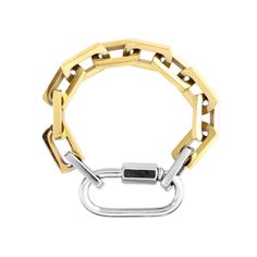 The CARABINER SQUARE PUERTO BRACELET made of 18k gold plated chunky square link chain with silver carabiner. It has two silver links close to the silver carabiner. Trendy Jewelry With Chunky Chain And Rectangular Links, Chic Chunky Chain Jewelry With Rectangular Links, 14k Gold Chunky Chain Bracelet With Rectangular Links, Gold-tone Jewelry With Chunky Rectangular Links, Gold-tone Chunky Chain Bracelet With Rectangular Links, Bamboo Necklace, Square Rings, Handmade Beaded Jewelry, Polish Jewelry