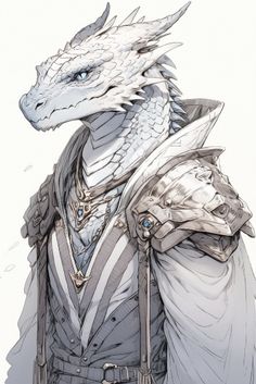 a drawing of a white dragon in armor