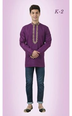 Men's Designer Embroidered Short Kurta. These kurta have elegant embroidery on the neck which gives a very rich look. Available  in different sizes. Details :-Embroidery on Neck Type : Ready To Wear Fabric : Cotton Ceremonial Long Sleeve Churidar With Embroidered Border, Ceremonial Churidar With Embroidered Border And Long Sleeves, Festive Kurta With Embroidered Border And Traditional Fit, Designer Purple Kurta With Embroidered Border, Designer Purple Embroidered Kurta, Purple Embroidered Long Sleeve Churidar, Bollywood Style Embroidered Kurta With Traditional Fit, Bollywood Style Embroidered Kurta, Embroidered Purple Kurta With Traditional Drape