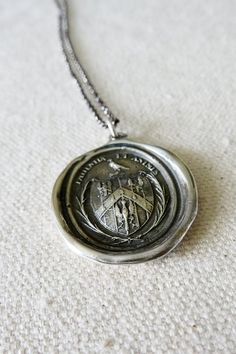 Patience and Courage Necklace - Wax Seal Necklace in Latin - Patientia et Animus - Eagle Necklace - Unique Antique Silver Necklace, Unique Antique Silver Round Necklace, Formal Antique Silver Medallion Necklace, Unique Antique Silver Medallion Jewelry, Heirloom Personalized Silver Necklace, Heirloom Silver Personalized Necklace, Personalized Heirloom Silver Necklace, Artisan Engraved Necklaces For Anniversary, Antique Silver Hand Forged Sterling Silver Necklaces