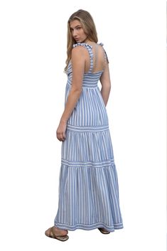 Striped Maxi Dress 100% Rayon V-Neck maxi dress with tie-knot strap Striped Maxi Dress, Striped Maxi, Striped Maxi Dresses, Dress With Tie, Tie Knots, Dress 100, Medium Blue, Latest Fashion Trends, Knot