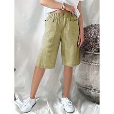 Season:Summer; Fabric:Linen Cotton Blend; Gender:Women's; Style:Casual Daily; Elasticity:Inelastic; Occasion:Going out,Weekend; Fit Type:Regular Fit; Function:Breathability,Comfortable; Pattern:Striped; Design:Elastic Waistband,Pocket; Pants Type:Shorts; Front page:FF; Listing Date:04/10/2024; Production mode:External procurement; Length:; Waist:; Fit US Size:; Fit UK Size:; Fit EU Size:; Pants Length:Knee Length; Print Type:3D Print Non-stretch Casual Beach Shorts, Casual Non-stretch Beach Shorts, Casual Non-stretch Vacation Shorts, Casual Non-stretch Shorts For Vacation, Casual Khaki Shorts For Summer, Casual Non-stretch Knee-length Shorts, Knee-length Bottoms For Beach, Green Solid Color Shorts For Summer, Trendy Khaki Summer Bottoms