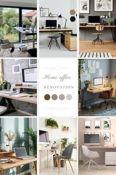 a collage of photos showing various office furniture and decor in shades of gray, white, beige, and green