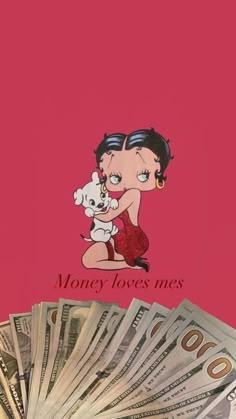 money is sitting on top of a pink background with an image of a woman holding a dog