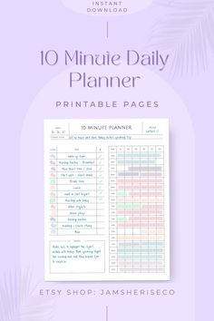 the 10 minute daily planner printable pages with palm leaves in purple and white background