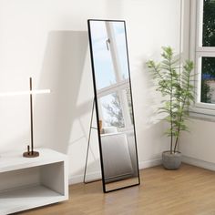 a mirror sitting on top of a wooden floor next to a plant in a room