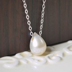 White Teardrop Floating Pearl Necklace, Simple Minimalist Bridal Jewelry, Sterling Silver, Free Ship Floating Pearl Necklace, Single Pearl Necklace, Pearl Drop Necklace, Pearl Bridal Jewelry, Topaz Necklace, Emerald Jewelry, Drop Necklace, Pearl Drop, Bridesmaid Jewelry