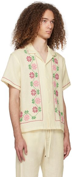 Handcrafted mock leno-woven cotton shirt. Cross-stitched floral pattern throughout. · Open spread collar · Button closure Supplier color: Off-white White Embroidered Camp Shirt For Spring, Spring Embroidered White Camp Shirt, Cotton Shirt With Floral Embroidery And Camp Collar, Cotton Camp Shirt With Floral Embroidery, Spring Embroidered Camp Collar Shirt, Spring Casual Camp Shirt With Floral Embroidery, Casual Spring Camp Shirt With Floral Embroidery, Spring Embroidered Cotton Camp Shirt, Floral Embroidered Camp Collar Shirt For Spring