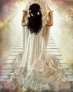 a woman with long hair standing in front of a stairway leading up to the sky