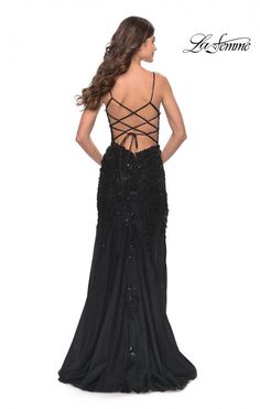 La Femme 31382 Stunning long tulle gown with beaded lace applique details throughout. Sheer lace bodice with boning. Plastic Dress, Prom Dress Stores, Prom Dress Styles, Tulle Gown, Romantic Lace, Prom Ideas, Black Prom Dresses, Embroidered Fabric, Prom Dresses Lace