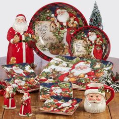 santa clause christmas dinnerware set on wooden table with decorations and trees in the background