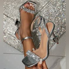 Brand New! - Luxe - Gold Decor - Open Toe - Formal Item Takes 5-8 Business Days To Ship Silver Heels Wedding, Rhinestone Shoes Heels, Glittery Heels, Kasut Tumit Tinggi, Bridal Shoes Low Heel, Fake Wedding, Casual Pumps, Walking Tall, Rhinestone High Heels