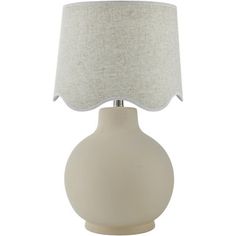 a white table lamp with a beige shade on the base and a light grey fabric shade on the top