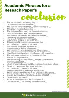 a green and white poster with the words,'academic phrases for a research paper '