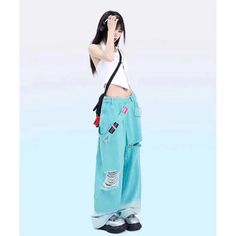 Wide Harajuku Y2K Pants - Pastel Kitten Blue Jeans Women, Female Pants, Estilo Harajuku, Rash Guard Swimwear, Pants Y2k, Y2k Pants, Women Belt, Custom Made Clothing, Straight Trousers