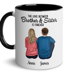 the love between brother and sister is forever coffee mug with an image of two people sitting on