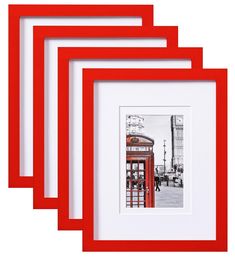 four red frames with an image of a telephone booth