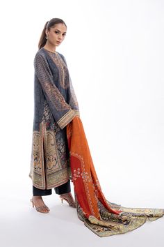 Shirin Indigo Chanderi Salwar Kameez With Resham Embroidery, Semi-stitched Bohemian Kurta With Sheer Dupatta, Indigo Cotton Silk Kurta For Eid, Designer Wear Indigo Kurta, Semi-stitched Indigo Kurta With Dupatta, Transitional Silk Kurta With Printed Motifs, Indigo Straight Kurta With Dabka, Indigo Dabka Straight Kurta, Indigo Salwar Kameez With Resham Embroidery