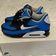 Excellent Used Condition. Men’s Nike Air Max Size 8 Blue/Black/White. Customized From Nike Website Blue Nike Air Max Lace-up For Sports, Blue Jogging Sneakers With Abzorb Midsole, Modern Blue Sneakers For Light Sports, Blue Custom Lace-up Sneakers For Light Sports, Modern Blue Running Shoes For Streetwear, Dynamic Blue Running Shoes For Streetwear, Blue Low-top Nike Air Max, Blue Low-top Running Shoes With Air Cushioning, Blue Leather Custom Sneakers For Light Sports