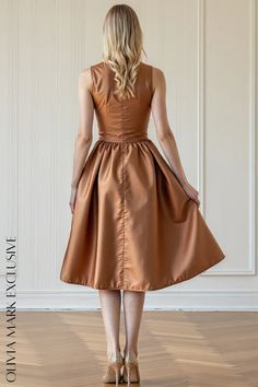 Olivia Mark - Caramel Satin Midi Dress with Flared Skirt and Sleeveless Design Brown A-line Midi Dress For Evening, Fall Dresses With Gathered Full Skirt, Fall Dresses With Full Gathered Skirt, Fitted Brown A-line Sleeveless Dress, Chic Brown Sleeveless Party Dress, Elegant Sleeveless Dress With Gathered Skirt, Formal Midi Dress With Pleated Waist, Brown Sleeveless Party Dress For Spring, Brown Sleeveless Spring Party Dress