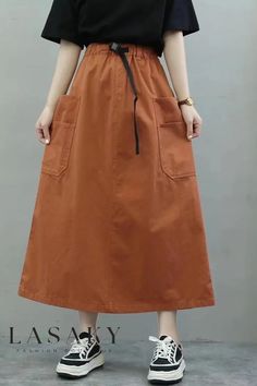 Lasaky - High-Quality Solid Color Casual A-line Skirt Featuring Elastic Waist and Convenient Pockets Casual Solid A-line Maxi Skirt, Casual A-line Skirt With Elastic Waistband, Casual A-line Maxi Skirt With Elastic Waistband, Orange Cotton Skirt For Fall, Brown A-line Skirt For Summer, Casual A-line Maxi Skirt Solid Color, Casual A-line Maxi Skirt In Solid Color, Brown Maxi Skirt With Pockets For Fall, Brown Flowy Maxi Skirt With Pockets