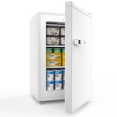 an open refrigerator filled with lots of food and drink cans on the inside, while it's door is open