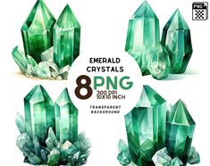 green crystals with different shapes and sizes are shown in the image, including 8 png