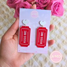 ️ PUCKER UP ❤️🎫✨ Get into the love-day spirit with our ADORABLE Valentine's Day themed earrings! Each pair is made lovingly by hand in my Melbourne studio using top quality acrylics sourced from fellow Aussie businesses  Our earrings are super lightweight and wear amazingly! Your ears won't have to suffer while you rock our stunning pieces 😍 Sizing: Each pair is sized at 2cm wide x 6.5cm tall (allow another .5cm for drop!) ✨ Find us on IG & Tiktok! @AMDMelbourne ✨ Novelty Red Jewelry Gift, Novelty Red Jewelry For Gifts, Red Novelty Jewelry For Birthday, Red Novelty Jewelry For Gift, Red Novelty Jewelry As Gift, Novelty Red Earrings For Gift, Fun Dangle Earrings For Valentine's Day, Red Dangle Earrings For Birthday, Fun Earrings For Mother's Day Gift