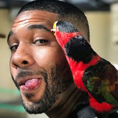 a man is holding a bird on his shoulder and sticking it's tongue out