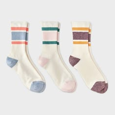 Give your feet easy comfort with the Women's Retro Striped Ribbed 3pk Crew Socks - Universal Thread™ 4-10. Perfect for lounging or staying warm on chilly days, these socks are soft and provide a snug fit. With 3 pairs in each pack, you’ll have the perfect blend of warmth and comfort. Experience cozy feet every day with these essential crew socks. Universal Thread™: Found exclusively at Target. Target Socks, Camp Couture, Crew Socks Outfit, Tall Socks, Sock Outfits, Fun Socks, Fish Food, Sock Packs, Fashion Wishlist