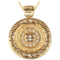 This S.Georgios designer pendant necklace is handmade from solid 18 Karat Yellow Gold and is microscopically carved with a unique Greek Key design to create a stunning art piece. This beautiful pendant features 12 brilliant-cut White Diamonds with a total weight of 0.16 Carat, set against a striking wave and Greek key pattern for a unique contrasted look. We also make this gorgeous necklace in White and Rose Gold, with different stone selections, and at your desired chain length, please contact Aztec Gold, Greek Key Pattern, Purple Sapphire, Antique Necklace, Key Design, Brown Diamond, Mens Accessories Jewelry, Greek Key, Pendant Design