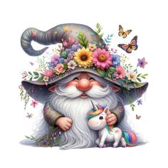 an image of a gnome with a unicorn in his lap and flowers on his hat