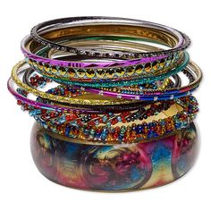 Ready-to-wear bangle bracelets in a vivid rainbow of colors are accented with shimmering glass rhinestones, seed beads, glitter and more. Delivering just-for-fun style, these eye-catching bracelets add a happy splash of color to wrists and counter displays. Ideal for gift giving or extending current jewelry lines. Colorful Bangles, Beautiful Bracelets, Fun Style, Glitz And Glam, Bracelet Bangle, Everyday Jewelry, Beautiful Bracelet, Gold Finish, Color Splash