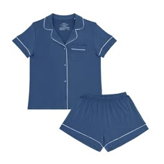 Our women’s pajama sets are designed for each stage of mama-hood — but also, just everyday coziness! Made from buttery soft Lunaluxe™ Bamboo, this indigo PJ set boasts a button-down top for easy nursing access and contrast piping for a cute & classic look. Made from custom-milled Lunaluxe™ Bamboo in a thicker fabrication that’s gentle on sensitive or eczema-prone skin Perfect for mixing and matching with our PJs for magical family matching moments No interior tags Pregnancy friendly Button down 60s Pjs, Pj Sets Women, Shorts Pajama Set, Little Sleepies, Womens Pjs, White Pajamas, Pajama Fashion, Cute Pjs, Blue One Piece