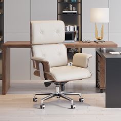 an office chair sitting in front of a desk with a lamp on top of it