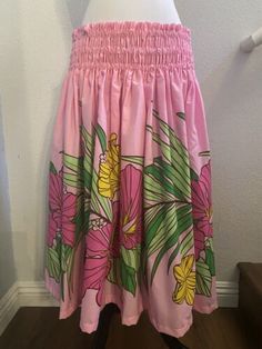 NEW PINK HIBISCUS HAWAIIAN HULA PAU PA'U HULA SKIRT 28" LONG MADE IN HAWAII | eBay Pink Hawaiian Floral Print Dress, Pink Floral Print Maxi Skirt For Vacation, Pink Beach Dress With Lined Skirt, Pink Beach Dress With Elastic Waistband, Pink Skirt With Elastic Waistband For Vacation, Pink Gathered Beach Skirt, Pink Floral Print Summer Maxi Skirt, Pink Summer Maxi Skirt For Vacation, Pink Gathered Skirt For The Beach