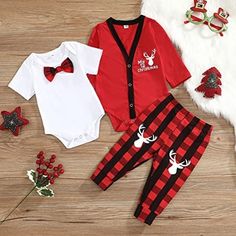 Cotton Blend Button Closure Material--- This Baby Boy Christmas Clothes Set Is Made Of Cotton Material Which Is Soft, Skin-Friendly, Breathable And Comfortable To Wear, Suitable For Newborn Baby Boys And Girls In Daily Wearing. Design---3 Pieces Infants Baby Unisex Wear Set Is Consist Of Solid Color O-Neck Romper, V-Neck Coat And Long Pants. Deer, Letter And Plaid Print Patterns Are Charming, Which Makes Your Baby More Lovely And Fashion. Features--- Elastic Waist Trousers And Round Collar Rompe Family Matching Red Christmas Sets, Cute Christmas Playtime Sets, Playful Red Winter Sets, Playful Red Sets For Winter, Cotton Sets For Playtime During Holidays, Playful Red Christmas Sets, Playful Christmas Playtime Clothing Sets, Cotton Playtime Sets For Holiday, Playful Christmas Playtime Sets