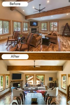 before and after pictures of a living room with wood floors, ceiling fan, couches, chairs