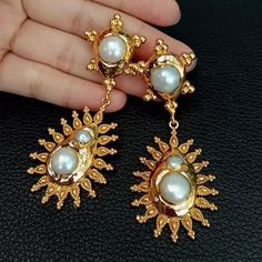 MIANIK Stunning 24kt gold plated keshi pearl sun drop earrings. Gems Info: Fresh water cultured pearl, white keshi pearl, 24 k yellow gold plated, good quality, high luster! Diameter: 30x43mm(keshi pearl) length: 3"(earrings). stud: yellow gold plated stud Luxury Traditional Pearl Earrings For Festivals, Luxury 22k Gold Traditional Pearl Earrings, Luxury Meenakari Temple Jewelry Pearl Earrings, Gold-plated Drop Pearl Earrings, 3 Earrings, Yellow Gold Color, Pretty Accessories, Kesha, Style Party